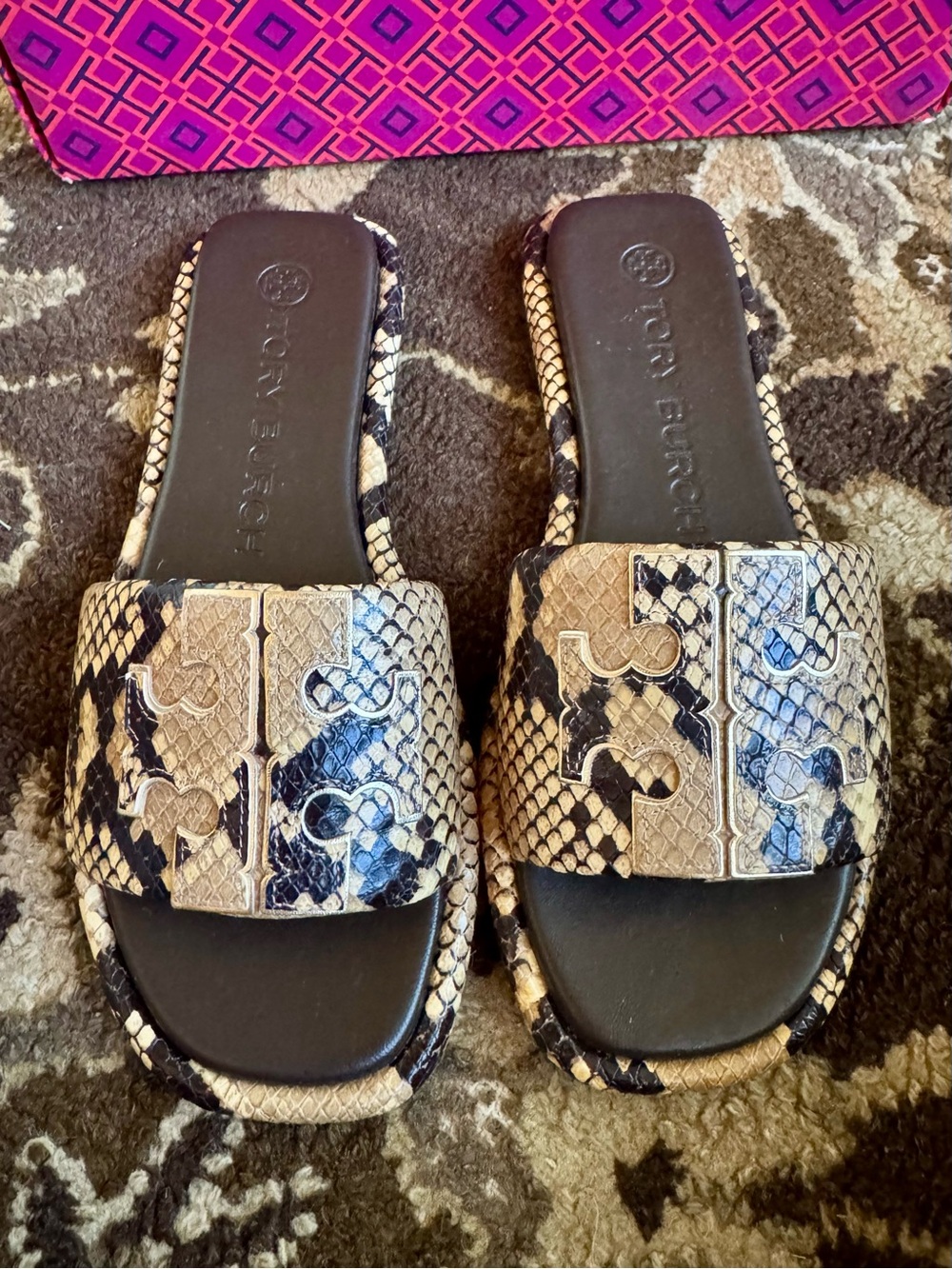 Tory Burch Black and Beige Snake-Print Slide Mules